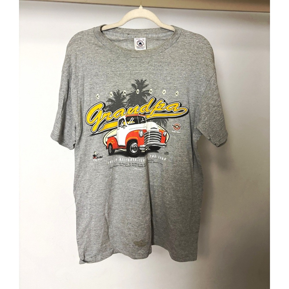 Delta Vintage Bible Jesus Cars Grandpa Graphic T-Shirt Mens M Gray Cotton